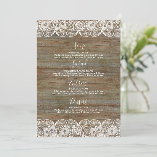 Rustic Wood White Lace Wedding Menu (Staand voorkant)