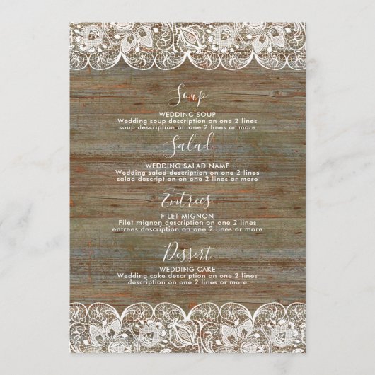 Rustic Wood White Lace Wedding Menu (Voorkant)