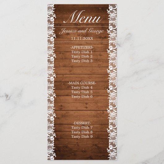 Rustic Wood & White Lace Wedding Menu (Voorkant)