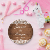 Rustic Wood & White Lace Wedding Papieren Bordje (Feest)