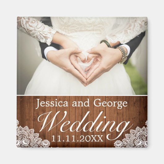 Rustic Wood & White Lace Wedding Photo Magneet (Voorkant)