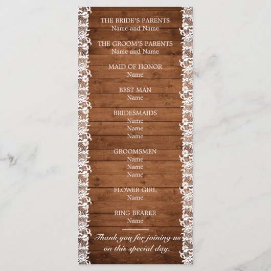 Rustic Wood & White Lace Wedding Programmakaart (Achterkant)
