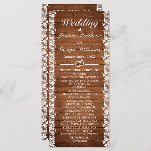 Rustic Wood & White Lace Wedding Programmakaart (Voorkant / Achterkant)
