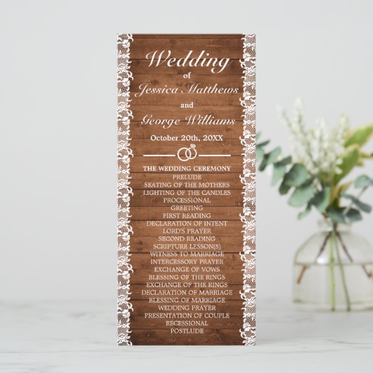 Rustic Wood & White Lace Wedding Programmakaart (Staand voorkant)