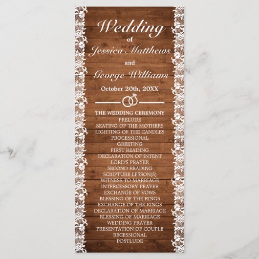Rustic Wood & White Lace Wedding Programmakaart (Voorkant)