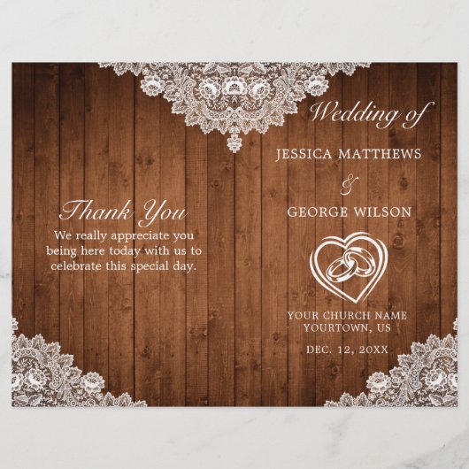Rustic Wood & White Lace Wedding Programme (Voorkant)