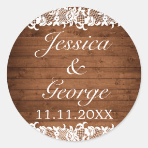 Rustic Wood & White Lace Wedding Ronde Sticker