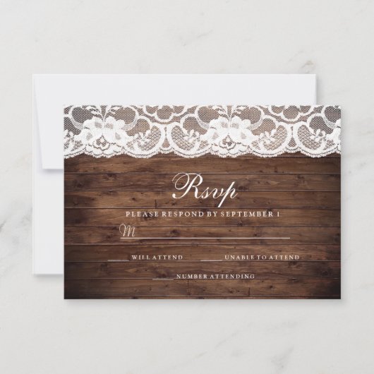 Rustic Wood  White Lace Wedding RSVP (Voorkant)
