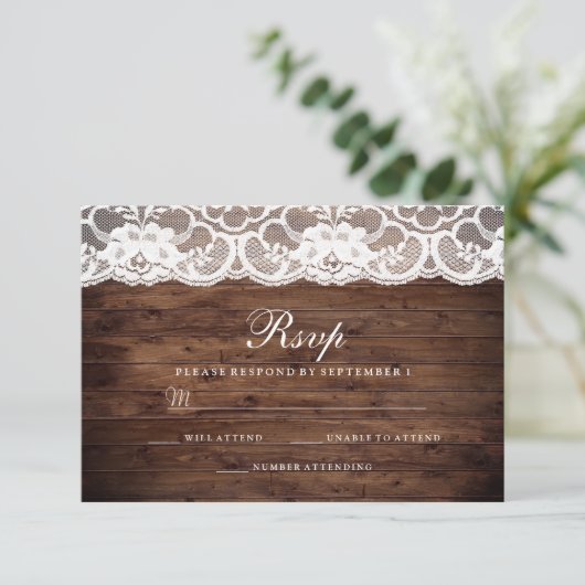 Rustic Wood  White Lace Wedding RSVP (Staand voorkant)