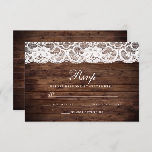 Rustic Wood  White Lace Wedding RSVP (Voorkant / Achterkant)