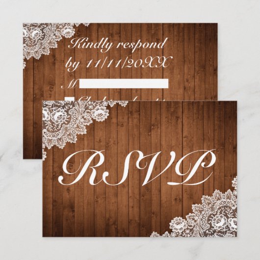 Rustic Wood & White Lace Wedding RSVP Kaartje (Voorkant / Achterkant)