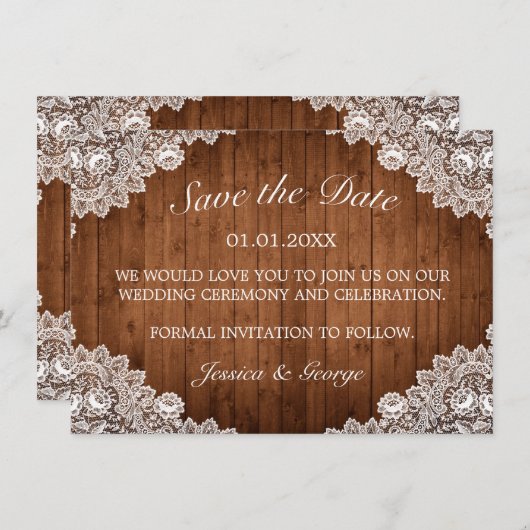 Rustic Wood & White Lace Wedding Save The Date (Voorkant / Achterkant)