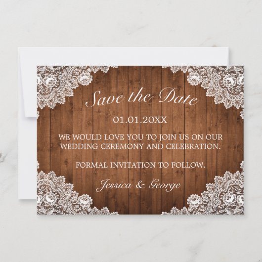 Rustic Wood & White Lace Wedding Save The Date (Voorkant)