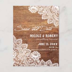 Rustic Wood White Lace Wedding Save the Date Aankondigingskaart