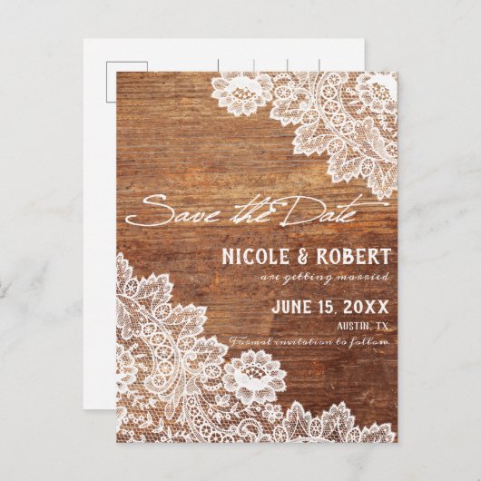 Rustic Wood White Lace Wedding Save the Date Aankondigingskaart (Voorkant / Achterkant)