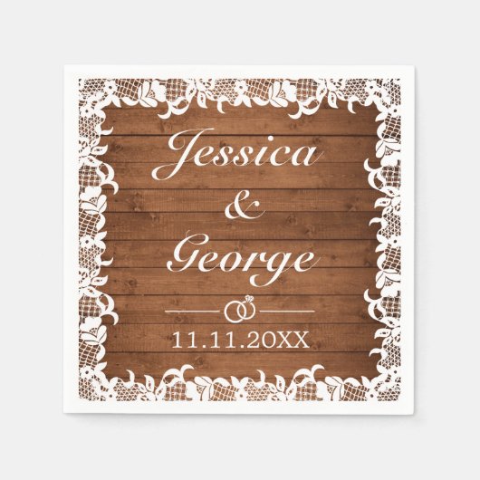Rustic Wood & White Lace Wedding Servet (Voorkant)