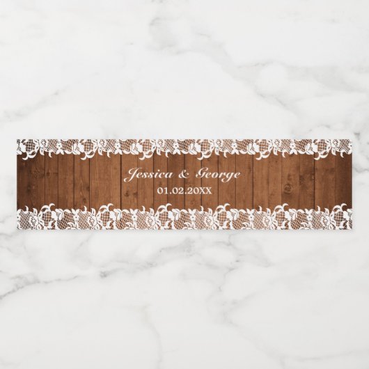 Rustic Wood & White Lace Wedding Waterfles Etiket (Enkel label)