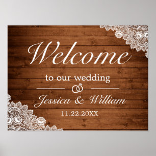 Rustic Wood & White Lace Wedding Welcome Sign Poster