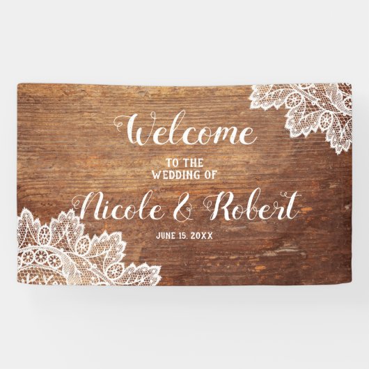Rustic Wood White Lace Wedding Welkom Spandoek (Horizontaal)