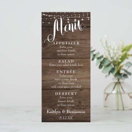 Rustic Wood, White Lights & Script Wedding Menu (Staand voorkant)