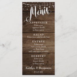 Rustic Wood, White Lights & Script Wedding Menu