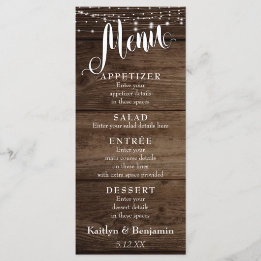 Rustic Wood, White Lights & Script Wedding Menu (Voorkant)