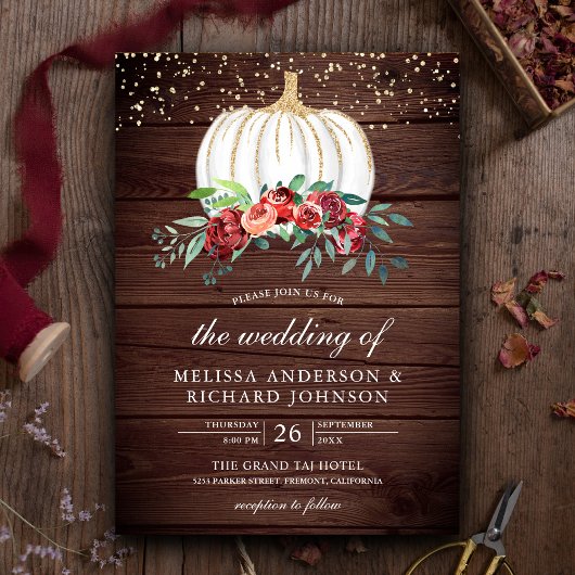 Rustic Wood White Pumpkin Burgundy Floral Wedding Kaart
