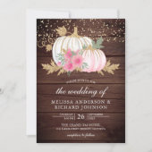 Rustic Wood White Pumpkin Pink Floral Fall Wedding Kaart (Voorkant)