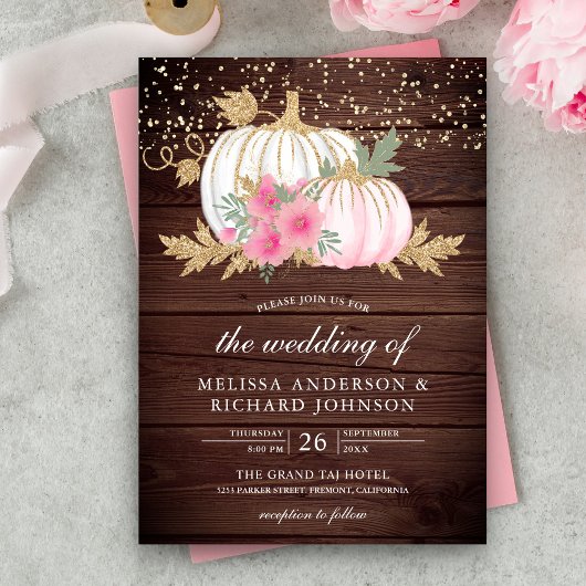 Rustic Wood White Pumpkin Pink Floral Fall Wedding Kaart