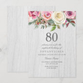 Rustic Wood White Rose Floral 80th Birthday Invite Kaart (Voorkant / Achterkant)