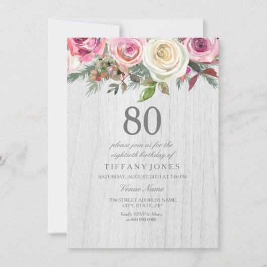 Rustic Wood White Rose Floral 80th Birthday Invite Kaart (Voorkant)