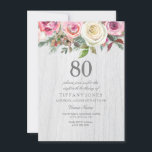 Rustic Wood White Rose Floral 80th Birthday Invite Kaart<br><div class="desc">Rustic Wood White Rose Floral 80th Birthday Noteer prachtige elegante florale waterverf Volledig  / op maat gemaakt</div>