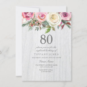 Rustic Wood White Rose Floral 80th Birthday Invite Kaart