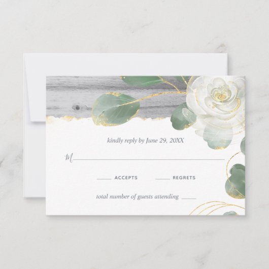 Rustic Wood White Rose Gold Greenery Wedding RSVP Kaartje (Voorkant)