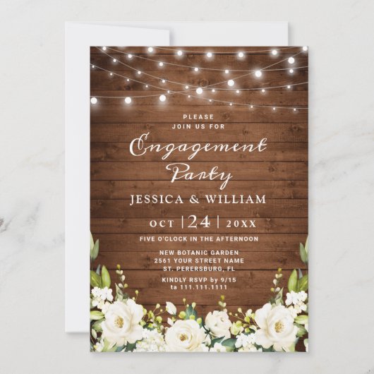 Rustic Wood White Roses Hydrangea Engagement Party Kaart (Voorkant)