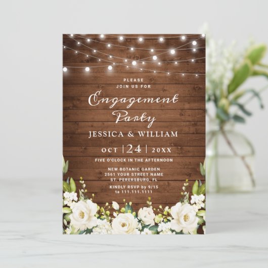 Rustic Wood White Roses Hydrangea Engagement Party Kaart (Staand voorkant)