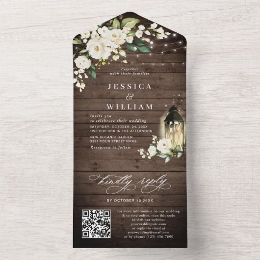 Rustic Wood White Roses Wedding QR code All In One Uitnodiging (Binnen)