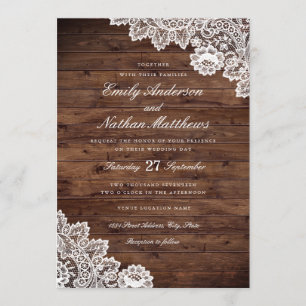 Rustic Wood White Vintage Lace Wedding Invitation Kaart