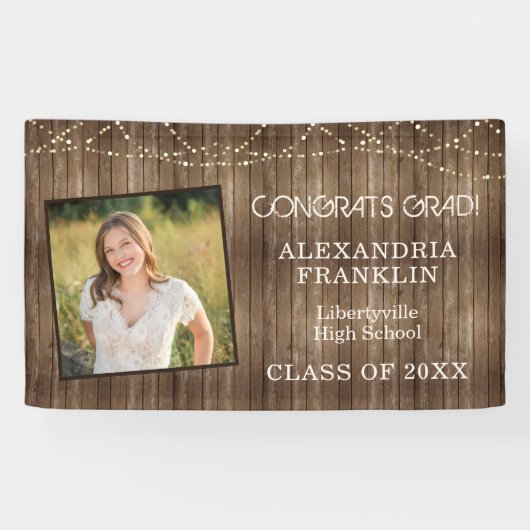 Rustic Wood with String Lights & Photo Graduation Spandoek (Horizontaal)