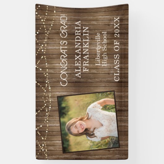 Rustic Wood with String Lights & Photo Graduation Spandoek (Verticaal)