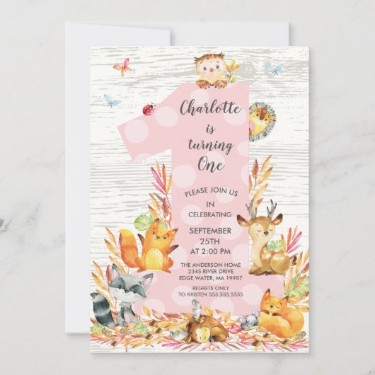 Rustic Wood Woodland One Girls Verjaardag Uitnodig Kaart (Voorkant)