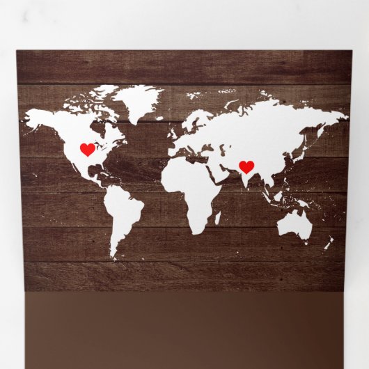 Rustic Wood World Map All in One Wedding Drieluik Uitnodiging (Binnenzijde eerst)