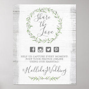 Rustic Wood & Wreath Wedding Hashtag Foto Poster