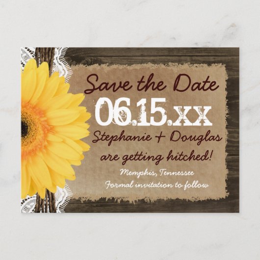 Rustic Wood Yellow Daisy Save the Date Briefkaarte Aankondigingskaart (Voorkant)