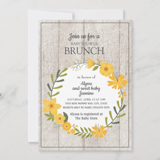 Rustic Wood Yellow Floral Baby shower Brunch Kaart (Voorkant)
