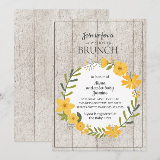 Rustic Wood Yellow Floral Baby shower Brunch Kaart (Voorkant / Achterkant)