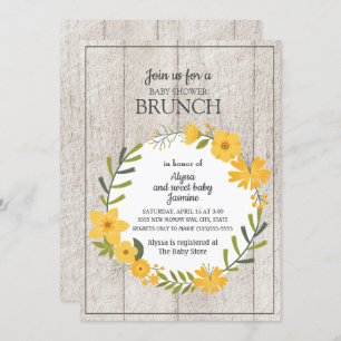 Rustic Wood Yellow Floral Baby shower Brunch Kaart