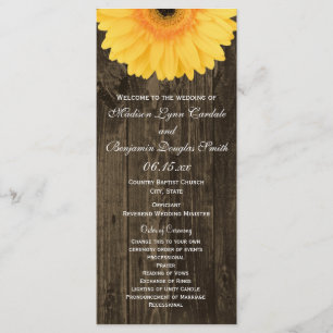 Rustic Wood Yellow Gerber Daisy Wedding Programs Programmakaart