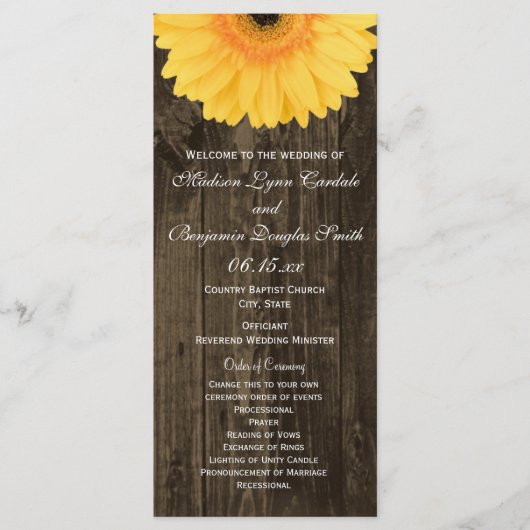 Rustic Wood Yellow Gerber Daisy Wedding Programs Programmakaart (Voorkant)