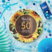 Rustic Wood Yellow Sunflower 50th Birthday Papieren Bordje (Feest)
